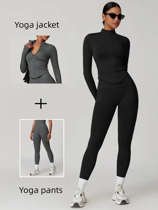 Zipper Stand Collor Jacket Women Crop Tops Yoga Solid Sports Top Long Sleeve Running Sexy Quick Dry Fitness Gym Sport Wear