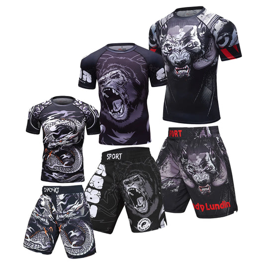 2 PCS Sports Suit Bjj Jiu jitsu gi Rashguard+MMA Shorts Muay Thai Pants Cool Boxing Grappling Wear Gym Fitness Running Clothes