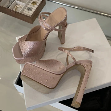 Eilyken Design Crystal Square Toe Woman Sandals Sexy High Heels Ankle Buckle Strap Party Banquet Shoes Zapatos De Mujer