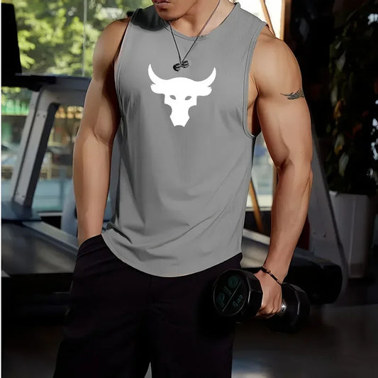 2025 Summer New Muscle Fitness Bull Head Printed Men's Quick Drying Tank Top for Running Training Breathable Sleeveless T-shirt