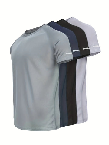 4pcs, Men's Solid Sports T-shirts With Reflective Strips, Breathable And Quick Dry Short Sleeve Crew Neck Tees