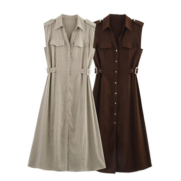 Women's Dresses New Summer 2025 Sleeveless Midi Dress Waist Nippling Waist Design Large A Skirt Casual Fashion High-end personal