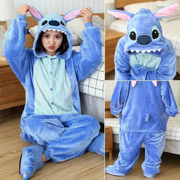 Disney Stitch Winter Adult Jumpsuit Men's and Women's Sleepwear Set Integrated Halloween Christmas Hooded Anime Jumpsuit
