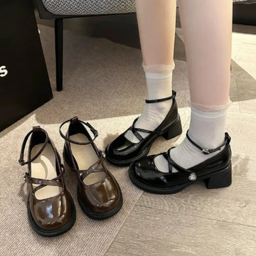 Women Loafers Retro Brown Mary Jane Shoes Women Pu Leather Thick Heels Lolita Shoes Woman Uniform Pumps Ankle Buckle Shoes
