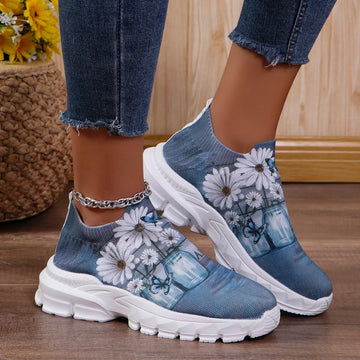 Letters Floral Print Platform Sneakers for Women Fashion Knitting Casual Sports Shoes Woman Non Slip Breathable Running Shoes