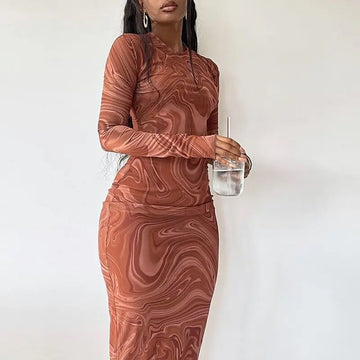 Long Sleeve Bodycon Dresses Women Evening Party Clothes O-neck Mid Calf Sexy Vestidoes De Mujer One Piece Outfits Streetwear