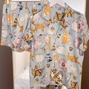 Cartoon Cat Korean Style Women's Short Pajamas 2024 New Summer Cool Y2k Sleep Lounges Fashion Casual Classic Female Homewear