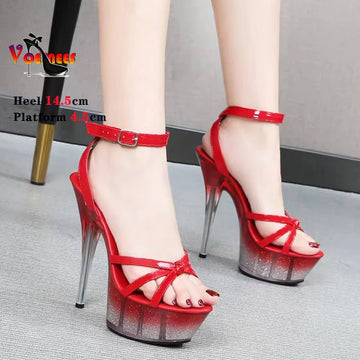 Shoes for Women New Transparent Heel Platform Sandals Fashion Sexy Thin Heels gold-dust Bling Ladies Party Shoes