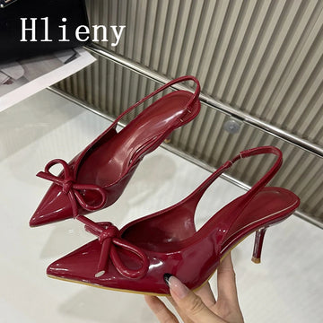 Hlieny Street Style Patent Leather Slingbacks Woman Pumps Sexy Bowknot Pointed Toe Red High Heels Wedding Party Female Shoes
