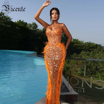 VC Orange Sexy Spaghetti Straps Sequins Diamond Prom Dresses Feathers Crystals Sparkle Mermaid Fitted Cocktail Party Gown