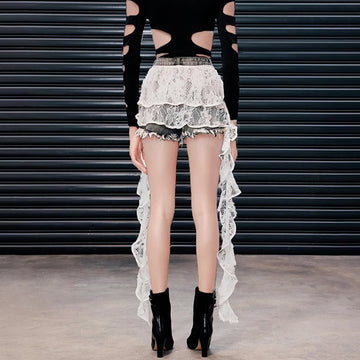 Irregular Hem Patchwork Multi-Layered Ruffles Lace Skirt Ribbon Tassels Bottoms Summer Korean Waistband Decorations