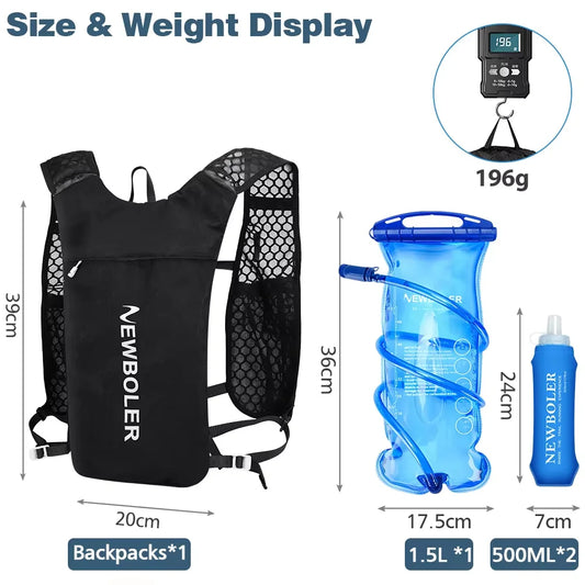 NEWBOLER Ultra Lightweight Run Backpack Hydration Vest Pack Marathon Running Bike Rucksack bag 500ml Soft Flask 1.5L Water Bag