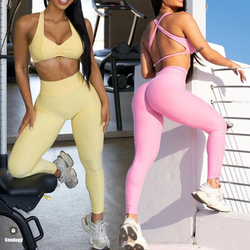 2PCS Pad Yoga Set Women Sportswear Workout Clothes Athletic Wear Gym Legging Fitness Bra Crop Top Short Sleeves Sports Suit XP04