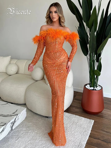 VC Off Shoulder Mesh Sequins Feather Maxi Long Orange Bodycon Dress Elegant Party Evening Ball Gowns