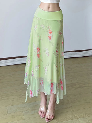 Holiday Floral Mesh Asymmetrical Skirts Beach Style Patchwork Low-Waisted Midi Skirts Women