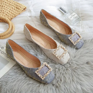Shoes for Women Pearl Square Toe Low Heel Elegant Woman Flats Clothing Trend 2025 Chic Y2k Vintage New in Summer Korean Fashion