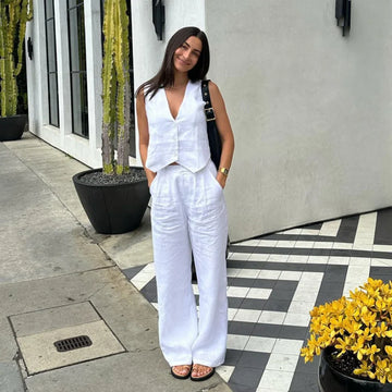 2025 New Summer Two Piece Sets Fashion Women Single Breasted Sleeveless Vest Wide Leg Pant Suit Casual Solid Office Lady Outfits