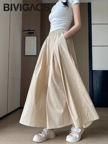 BIVIGAOS Spring Summer A-Line High Waist Pants Skirt Women Trend Fashion Japanese Culottes Casual Loose Ice Silk Wide Leg Pants