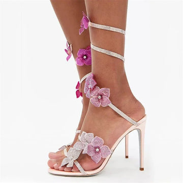 Eilyken Street Style CRYSTAL Flower Thin Heels Women Sandals Sexy Narrow Band Ankle Strap Ladies Shoes Zapatos De Mujer