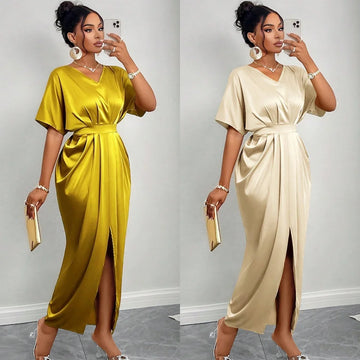 Women's Dress 2025 Spring Style Temperament Elegant V-collar Short Sleeve High Waist Step Split Dress Long Skirt Bodycon Dress