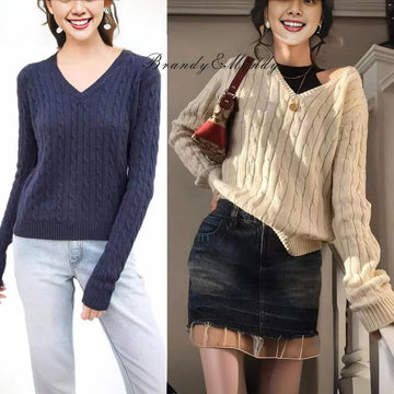 Brandy Mandy Women's V-Neck Long Sleeve Knit Sweater Casual Autumn Top Navy Crop Pullover for Girls