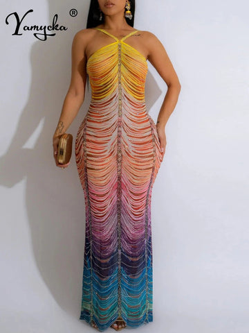 Sexy backless print maxi summer dress women elegant luxury rhinestones party long dresses bodycon club evening dress vestidos