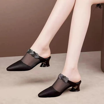 Cresfimix Sapatos Femininos Women Fashion Pointed Toe Mesh Transparent Summer Square Heels Lady Casual Sweet Heel Shoes A7016