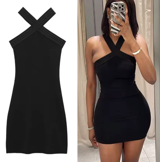 Women Sexy Stretch Slim Dress Neck Cross-Halter Mini Dress Black New Summer Holidays Party Elegant Wrap Hip Dress