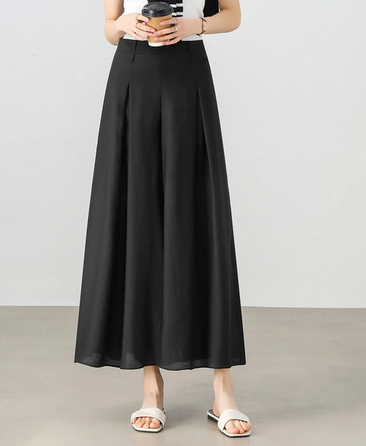 Black Lyocell Women's Skirts Pants Elegant High-waist Wide-leg Pants Folds Ankle Length Trousers Lady
