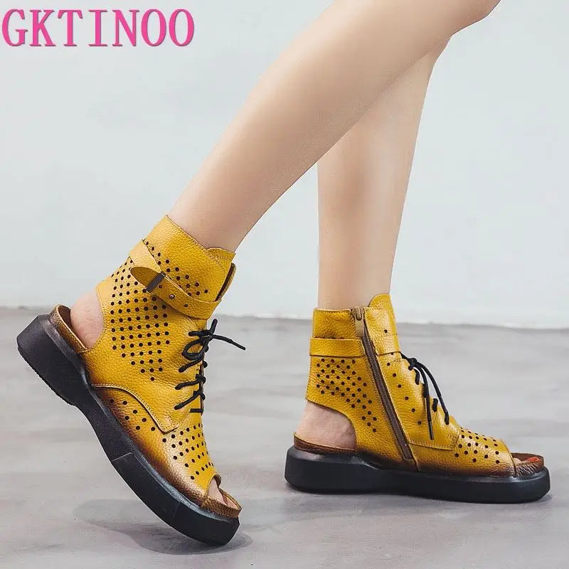 GKTINOO 2025 Fashion Ladies Sandals Hollow-Out Gladiator Sandals Women Flat Shoes Open Toe Genuine Leather Summer Cool Boots