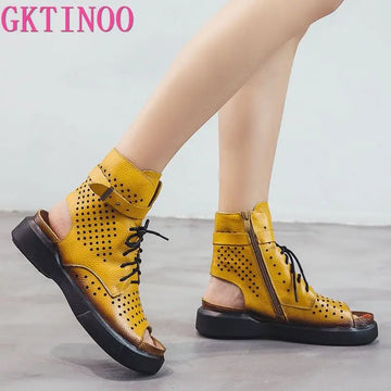 GKTINOO 2025 Fashion Ladies Sandals Hollow-Out Gladiator Sandals Women Flat Shoes Open Toe Genuine Leather Summer Cool Boots