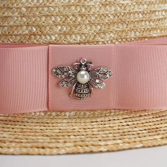 Luxury Brand Women Straw Sun Hats Fashion Bee Sun Summer Hat For Girls Lady Handmade Flat Panama Beach Hat Party