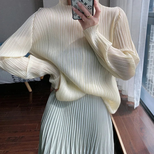 Miyake Pleated Classical Base T-shirt Autumn Winter Women Crop Long Sleeve Tops Korean Fashion Designer Aesthetic Clothes