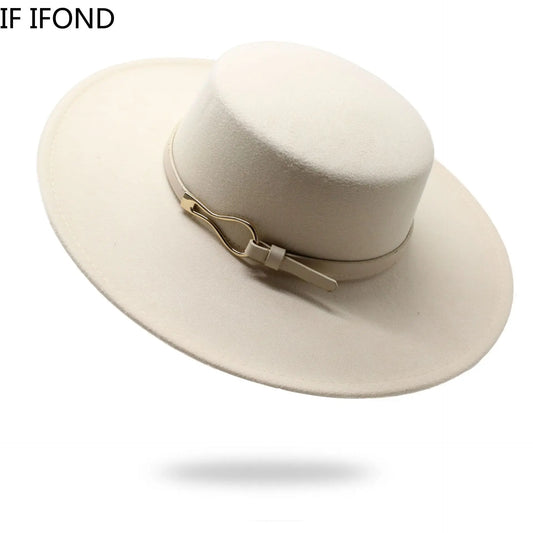 Solid Color Wool Felt Fedoras Jazz Cap 2022 Winter Warm 10CM Wide Brim Flat Top Hats British Style Church Hats