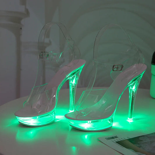 Light Up Glowing Shoes Woman Luminous Clear Transparent  Sandals Women Platform Shoes LED 13cm High Heel Stripper Heels Shoes