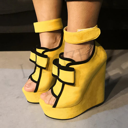 LAIGZEM SUPER Women Sandals Faux Suede Platform Wedges Heels Sandals Yellow Shoes Woman PARTY Club Sandalia Zapato Size 34-52