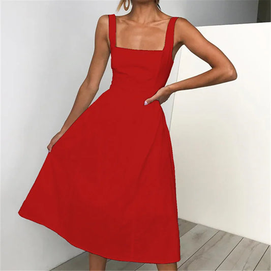 Women New Sexy Backless A-line Dresses 2021Fashion Spaghetti Strap Summer Beach Dress Casual Solid Sling Midi Dress Red Vestidos