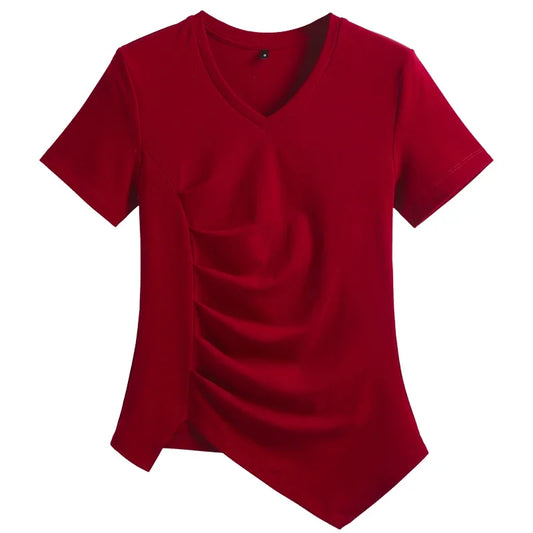 Summer New V-neck Pleated Irregular Hem Top Short-sleeved Slim Cotton Solid Color Fashionable Comfortable Women's T-shirt