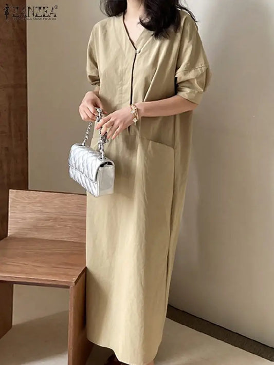 ZANZEA 2024 Summer Harajuku Vestidos Casual Cargo Pockets Dress Women Vintage Solid Long Robes Fashion Loose Office V-neck Dress
