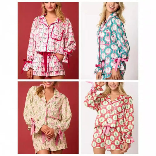 Women's Christmas Pajama Set Santa/Tree Print Lapel Neck Button-up Long Sleeve Tops + Shorts 2-Piece Loungewear Outfit