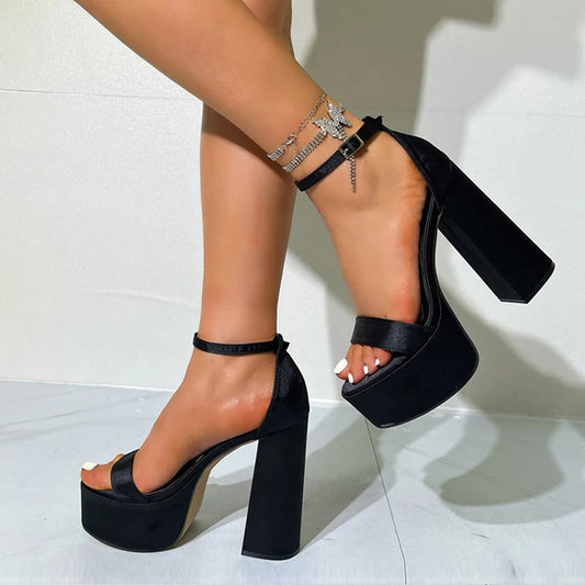 Liyke Summer 13.5CM Square High Heels Platform Sandals Women Black Silk Ankle Strap Sexy Thick Bottom Open Toe Party Dress Shoes