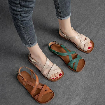 GKTINOO Summer Sandals Ladies Open Toe Genuine Leather Women Sandals New Hollow Retro Handmade Comfortable Outdoor Beach Shoes