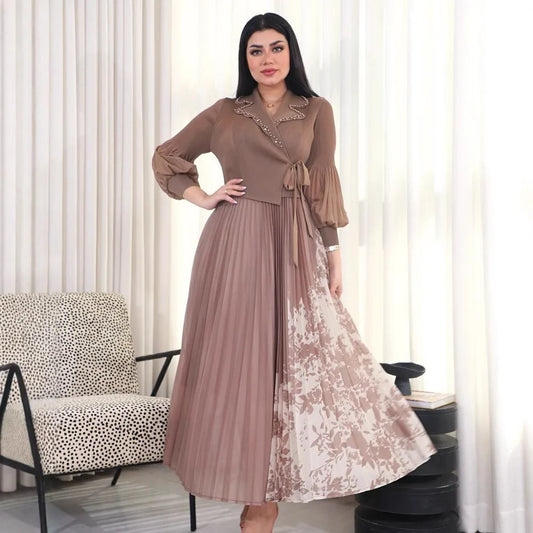2025 Spring and Summer Vacation Two Pieces Miyake Pleated Printed Dress High-end Pleated Medium and Long Dress Women's Clothing