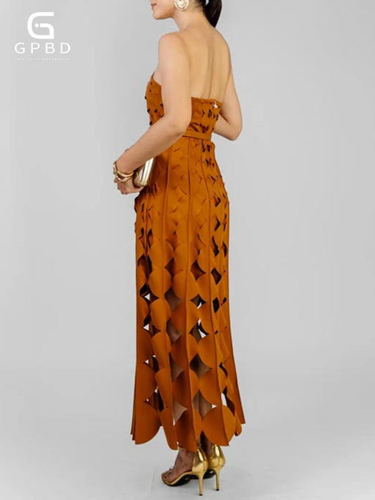 Circular Cut Out Dress For Women Strapless High Waist Patchwork Tassel Hem Solid Maxi Dresses Female 2025 Summer Clothing