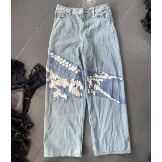 Street hip-hop geometric foam print high quality oversized jeans for women Harajuku Y2K trendy fashion versatile wide-leg pants