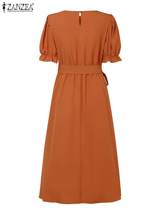 ZANZEA 2025 Summer Dress Elegant Women O Neck Short Puff Sleeve Midi Dresses Pleated Sundress Casual Solid A Line Party Vestidos
