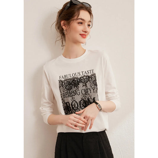 LOUIS YAO Women's T-Shirts 2025 Letter Printed T-Shirts with Casual Round Neck Splicing Lace Decoration Women's Long Sleeve Top
