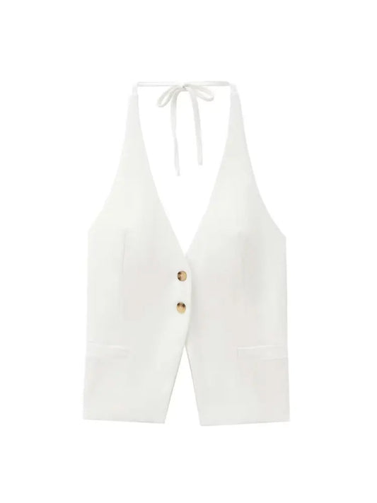 TRZA-Front Button Tank Tops for Women, Tied Halter Neck, Backless, Female Camis, Sexy Fashion