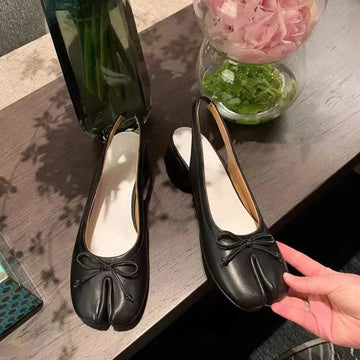2025 Spring Summer New Split Toe Women Shoes Retro Low Mid Heel Ballet Shoes Fashion Shallow Mouth Bow Design Dress Party Shoes