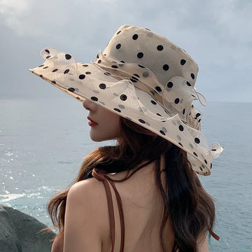 Unique Design Organza Sun Hats For Women Wide Brim  Classic Black Polka Dots Bucket Hat Ladies Foldable Breathable Beach Caps